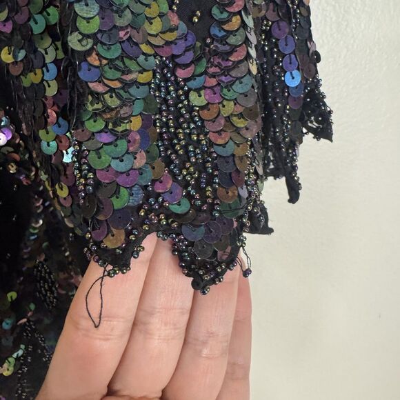 Vintage Iris Sequin Top Womens Medium Black Iridescent Beaded Party Blouse 80s - Picture 14 of 14
